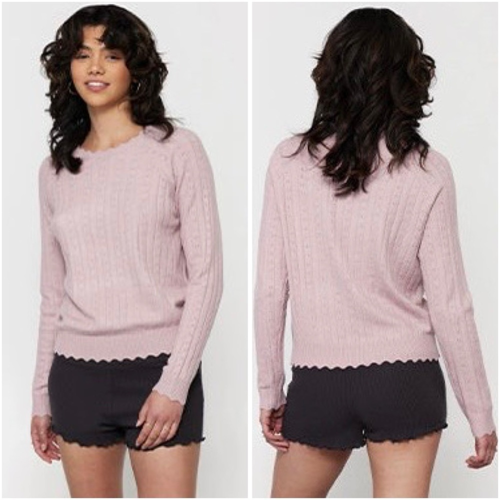 Spiritual Gangster Hudson Pointelle Crewneck Sweater Rose Pink Wool Blend Large